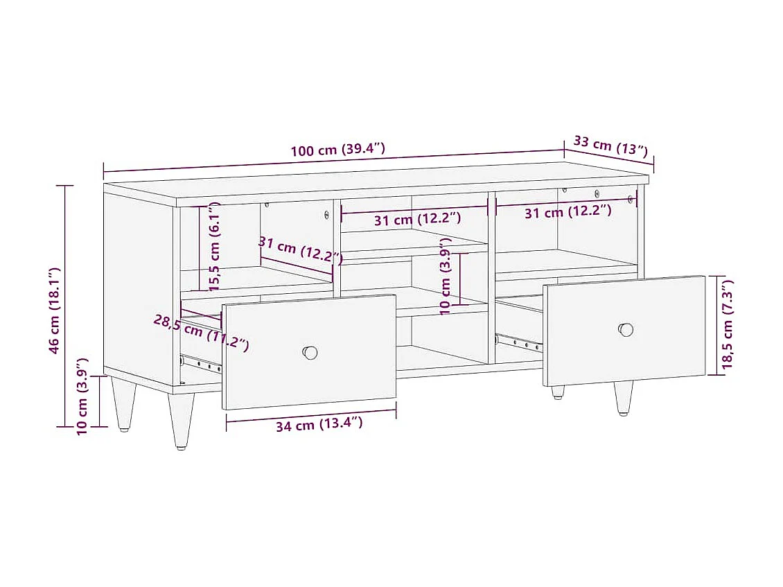 Meuble TV noir 100x33x46 cm bois massif de manguier