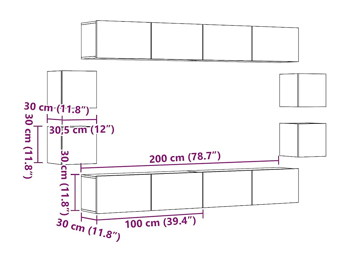 Conjunto de armário TV 8 peças montado na parede madeira velha