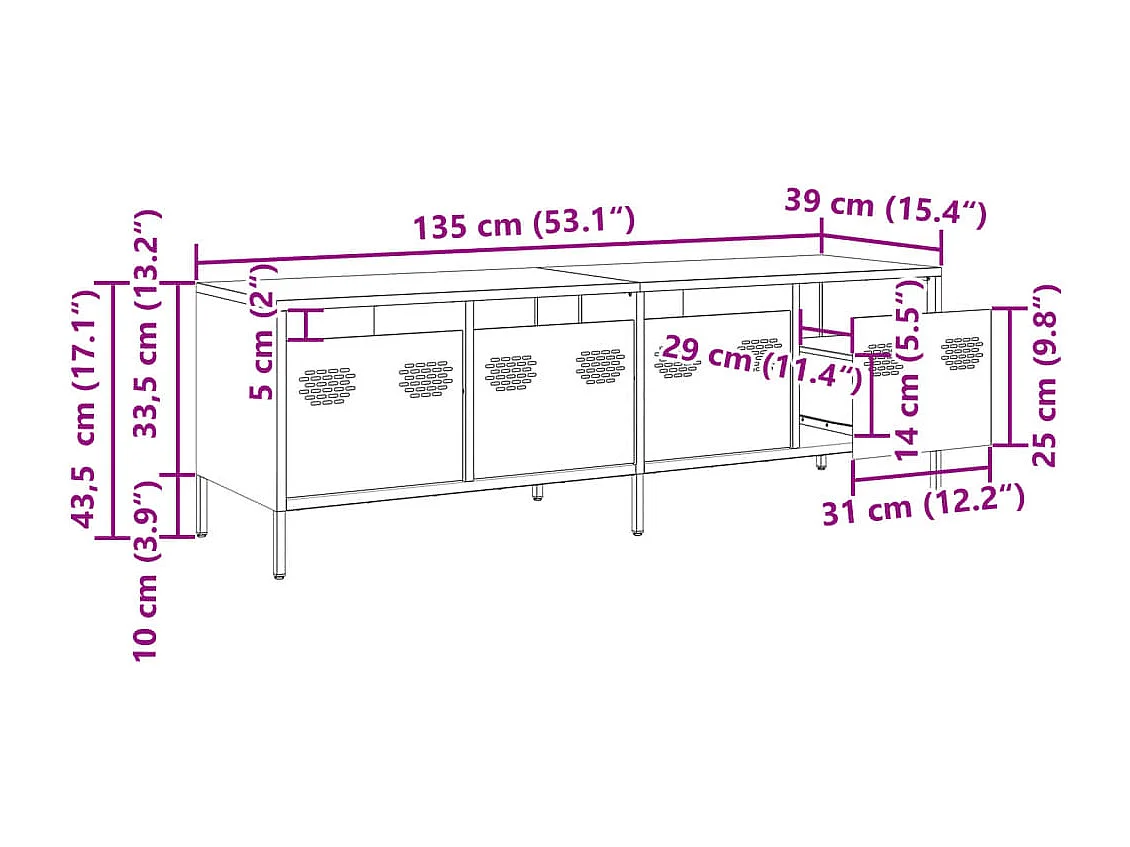 Meuble TV noir 135x39x43,5 cm acier laminé à froid