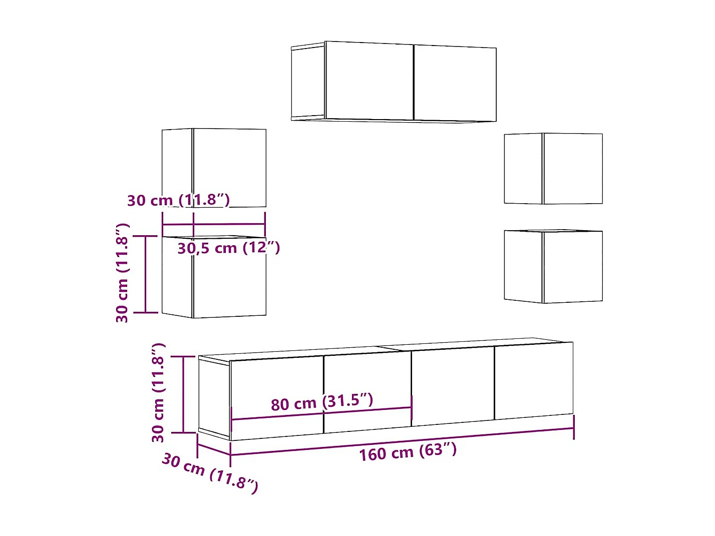 7-tlg. TV-Schrank-Set Wandmontage Altholz-Optik Holzwerkstoff