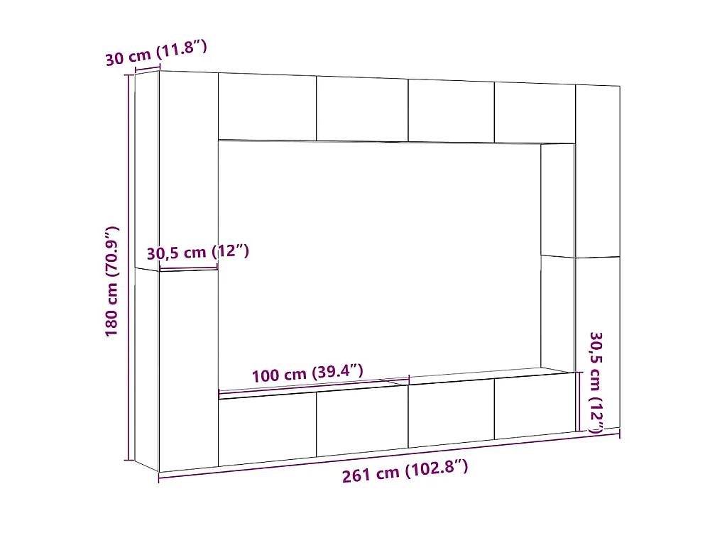 Conjunto de mueble de TV 8 piezas montado la pared madera vieja