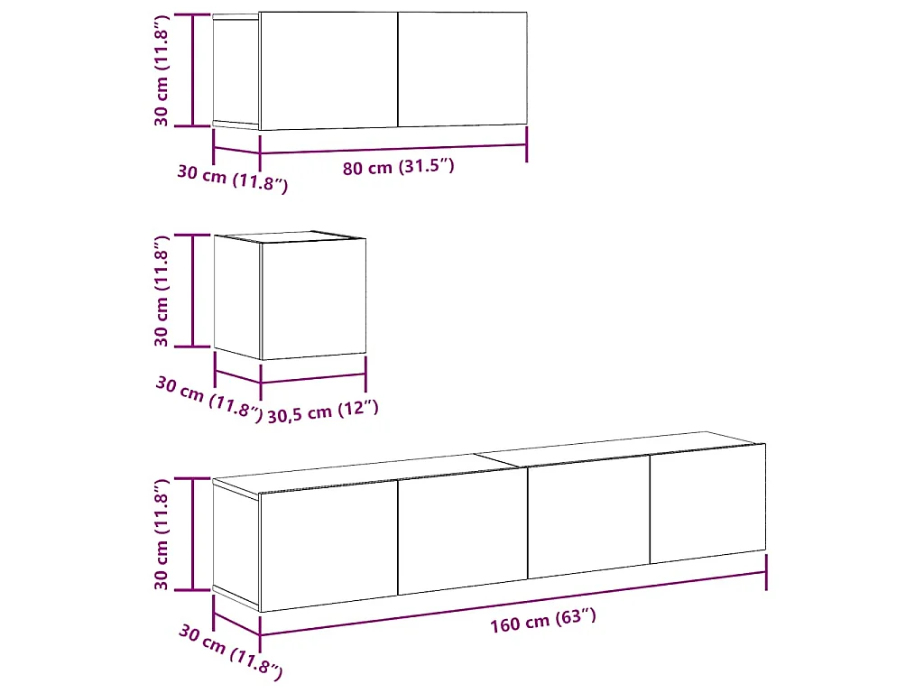 Conjunto de mueble de TV 4 piezas montado la pared madera vieja