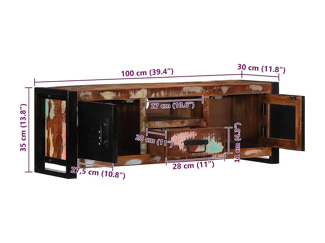 Meuble TV 100x30x35 cm bois de récupération massif