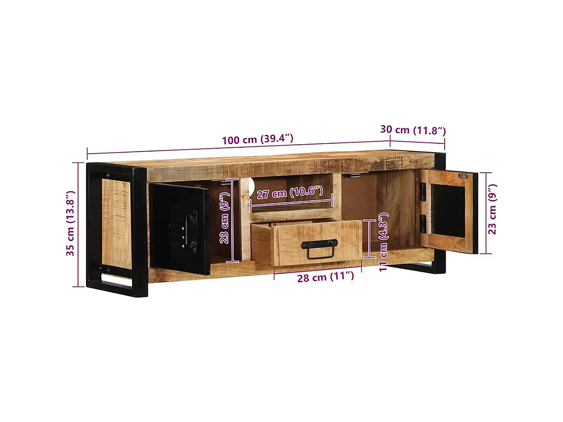 Mobile Porta TV 100x30x35 cm in Legno Massello di Mango Grezzo