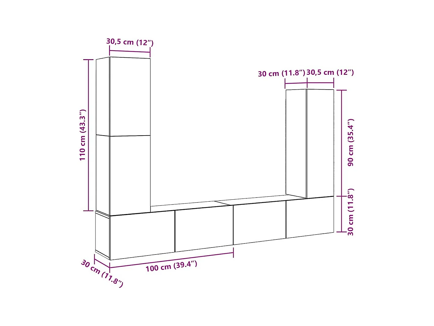 Set Mobile TV 4 pz Montato a Parete Rovere in Legno Multistrato