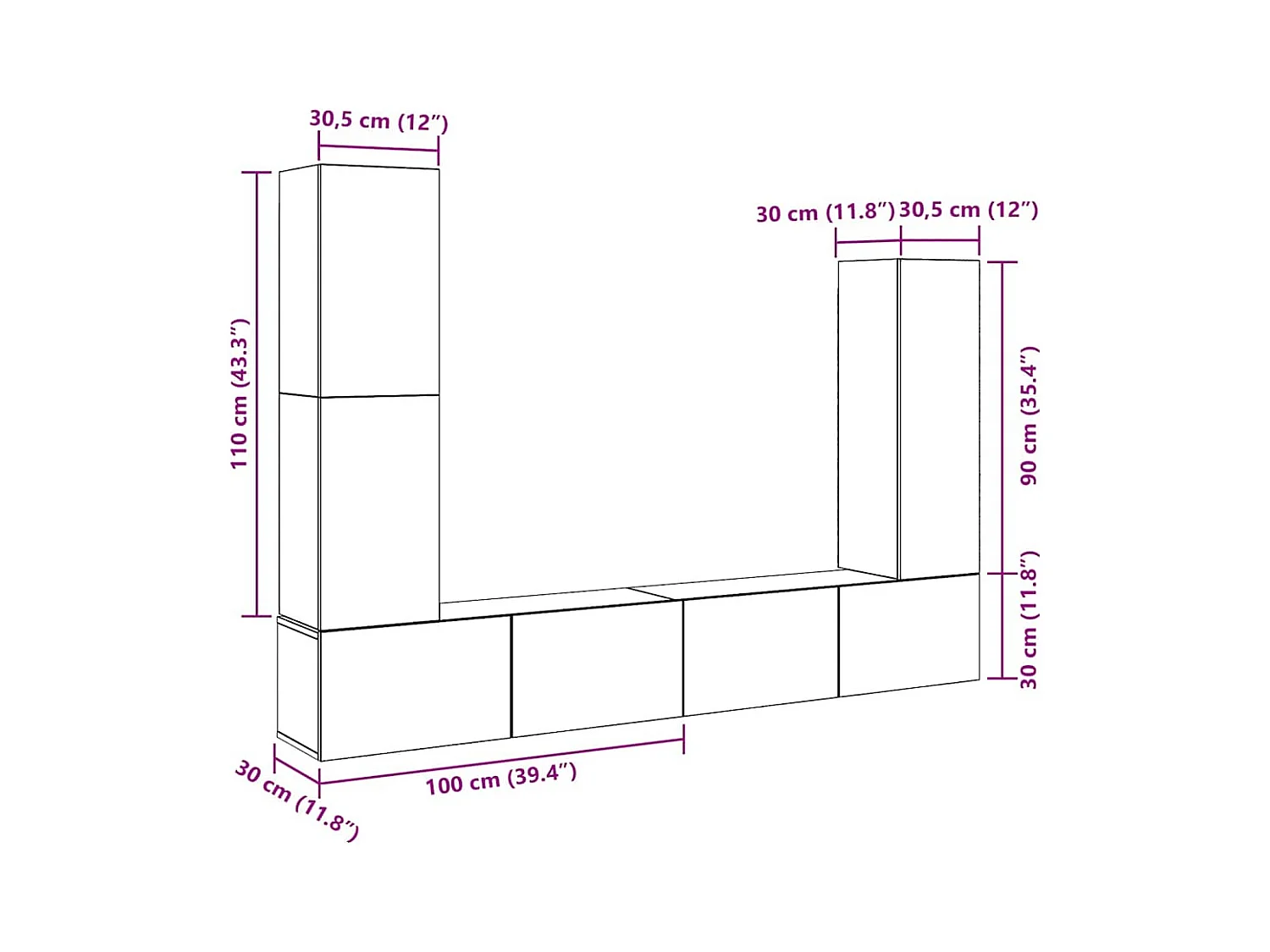 Set Mobile TV 4 pz Montato a Parete Rovere in Legno Multistrato