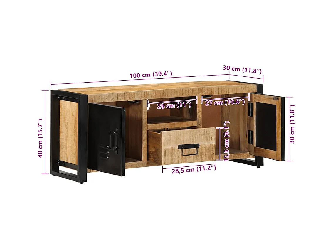 Meuble TV 100x30x40 cm bois massif de manguier brut