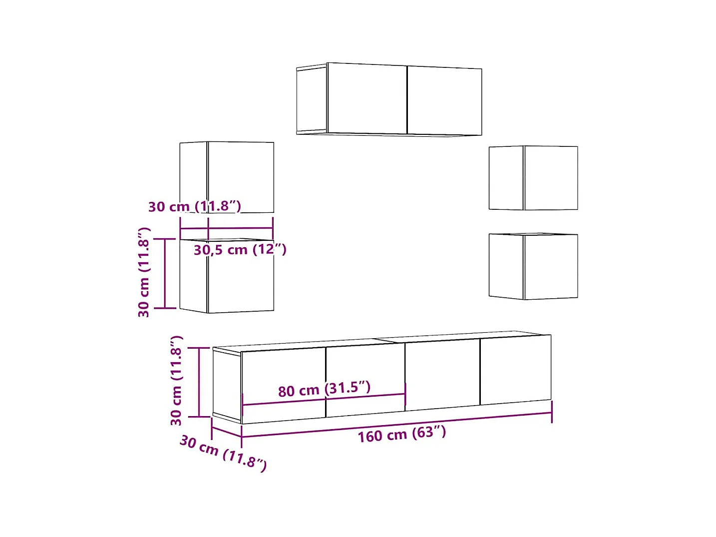 Set Mobile TV 7 pz Montato a Parete Rovere in Legno Multistrato