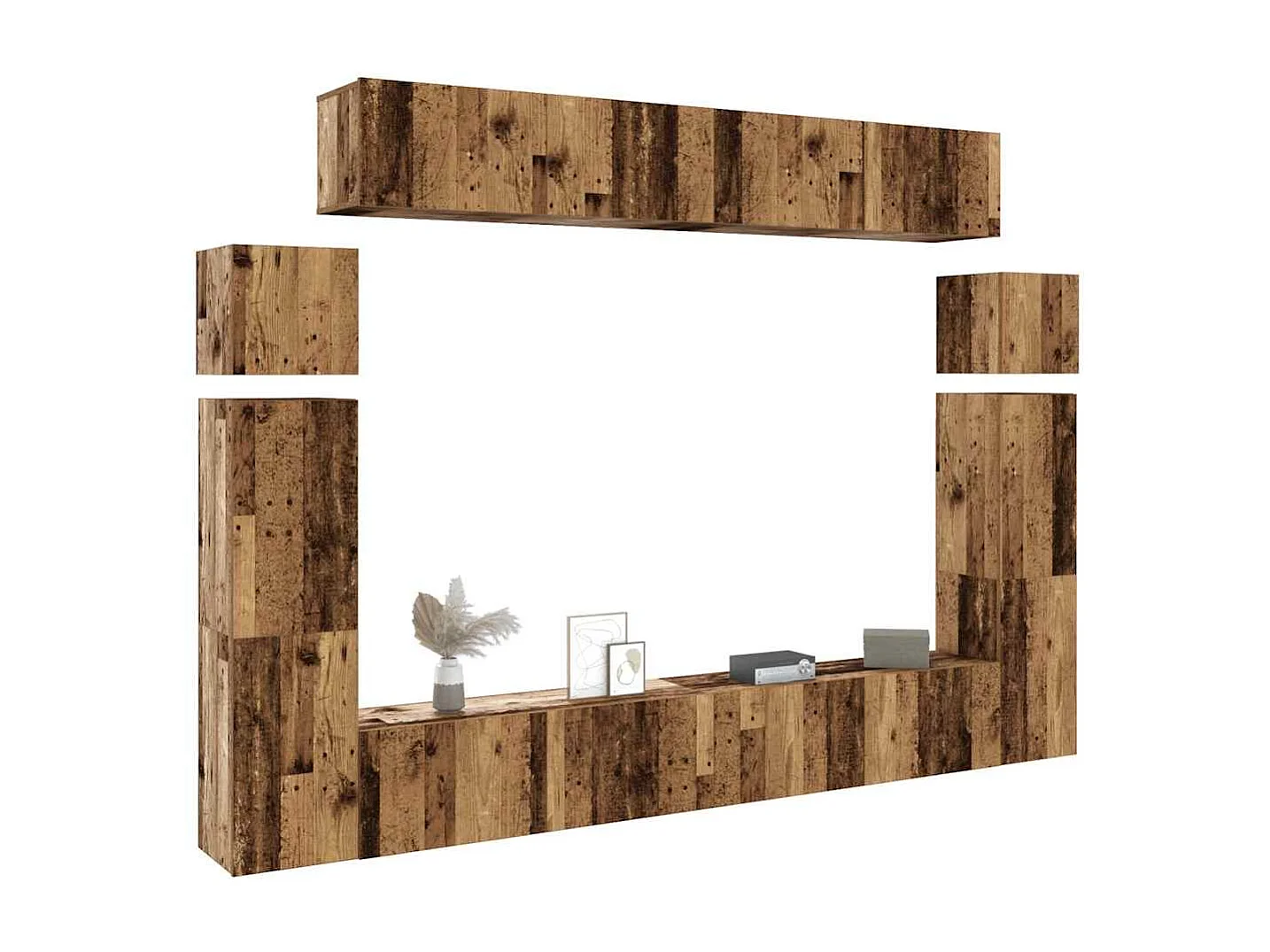 Conjunto de armário TV 8 peças montado na parede madeira velha