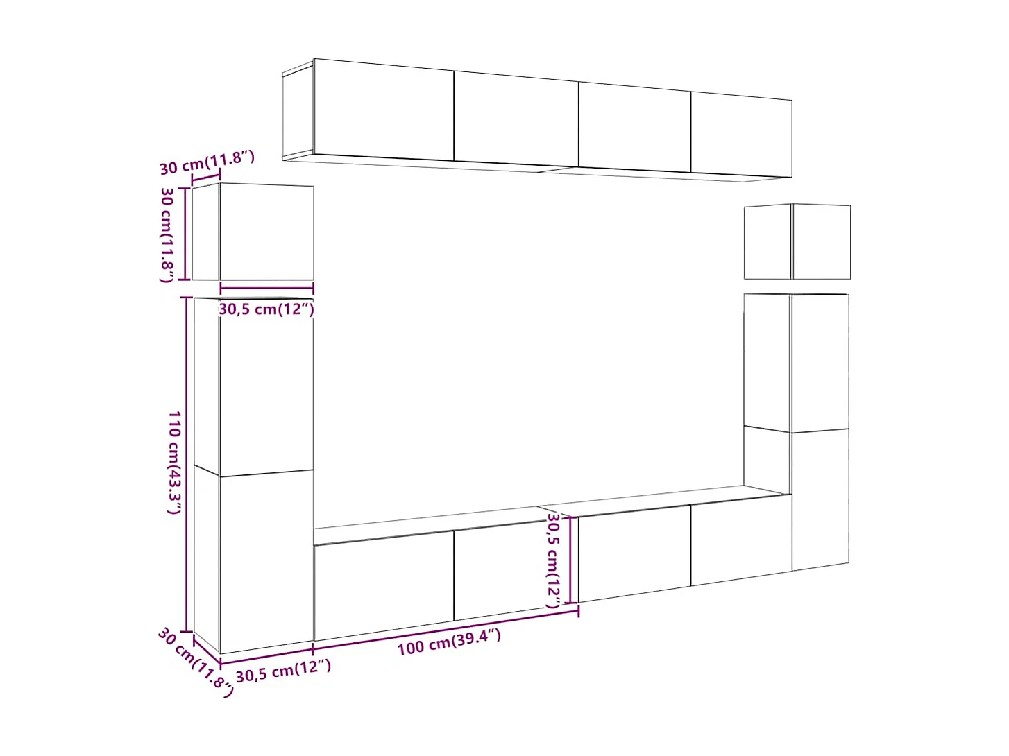 Conjunto de armário TV 8 peças montado na parede madeira velha