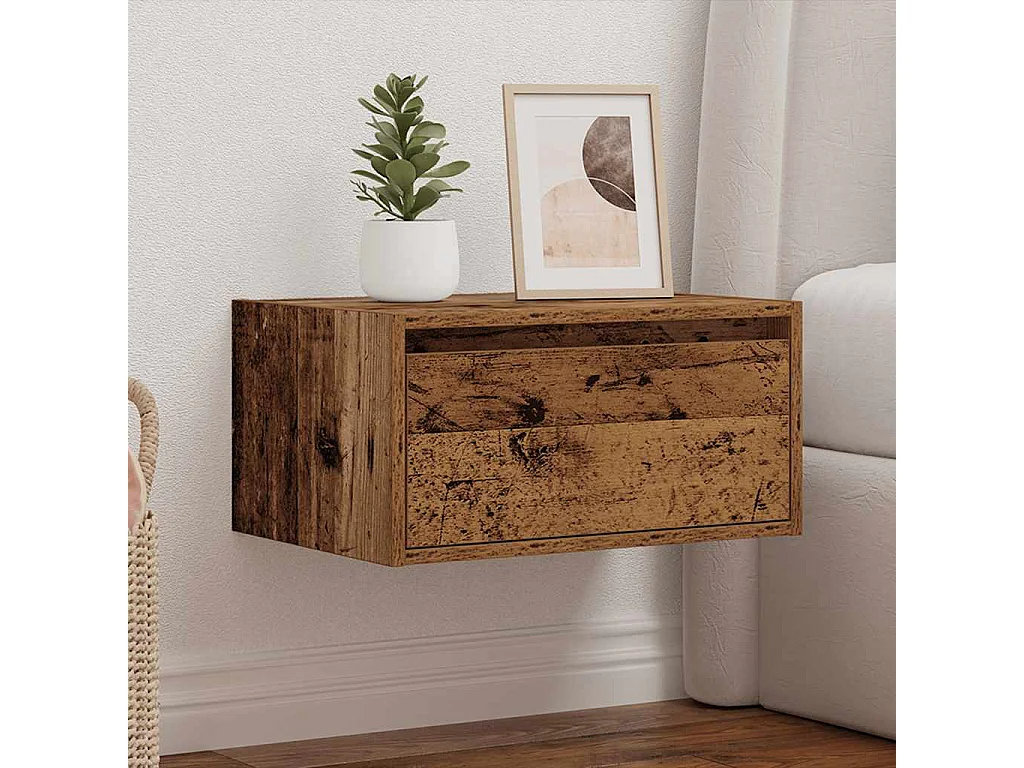 Mesita de noche de pared con luces LED madera antigua