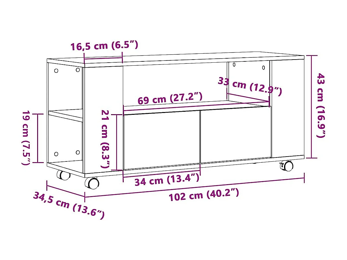 Mobile Porta TV con Ruote Artigianale 102x34,5x43 cm Truciolato