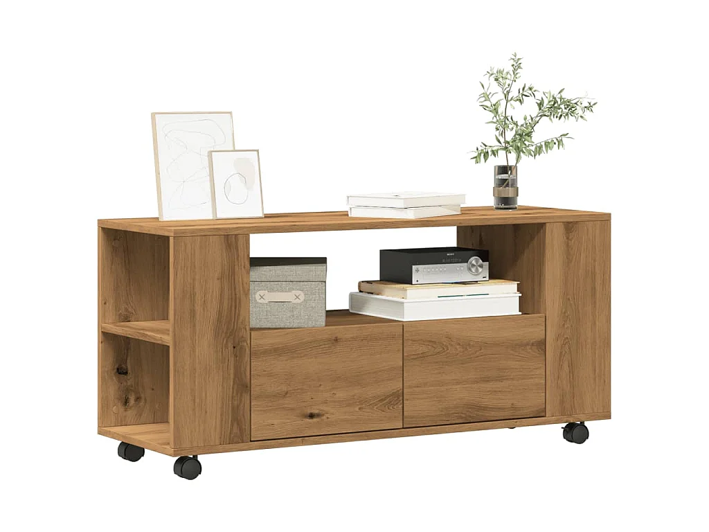 Tv-meubel met wielen 102x34,5x43 cm hout artisanaal eiken