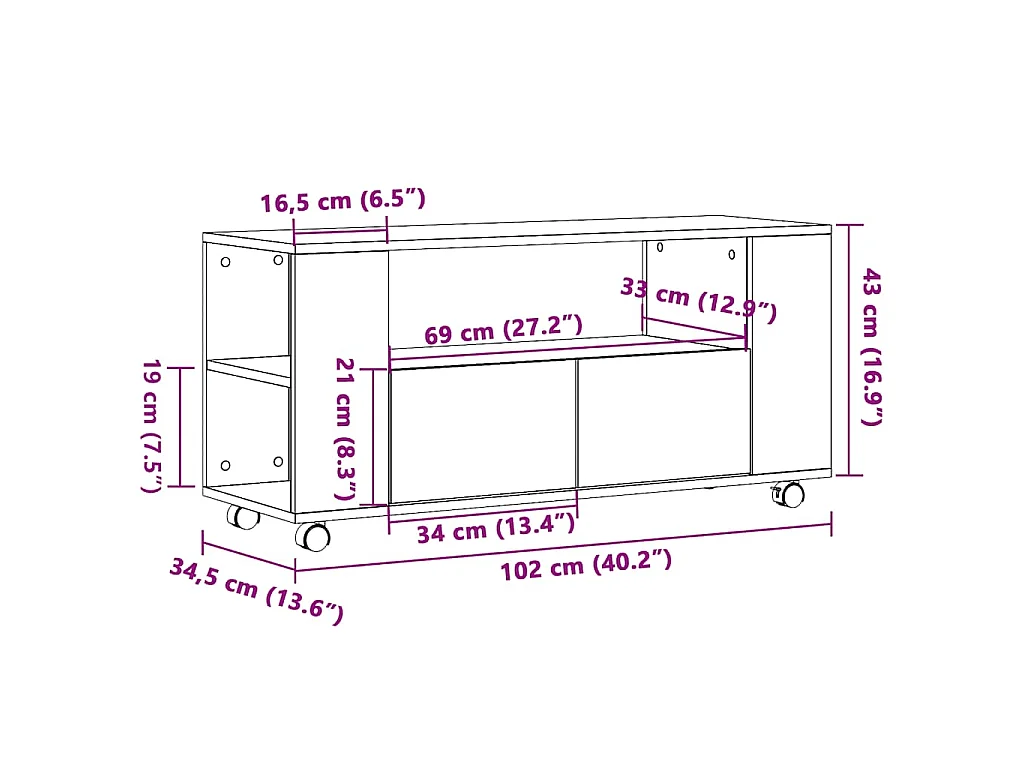 Tv-meubel met wielen 102x34,5x43 cm hout artisanaal eiken
