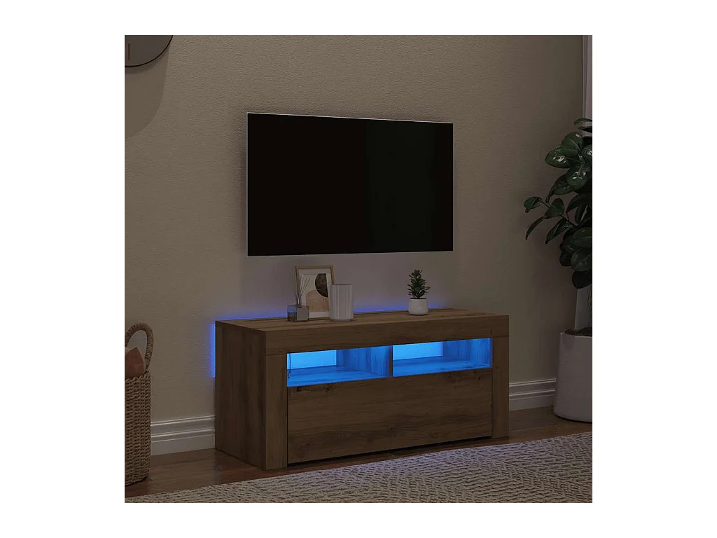 Meuble TV avec lumières LED chêne artisanal bois d'ingénierie
