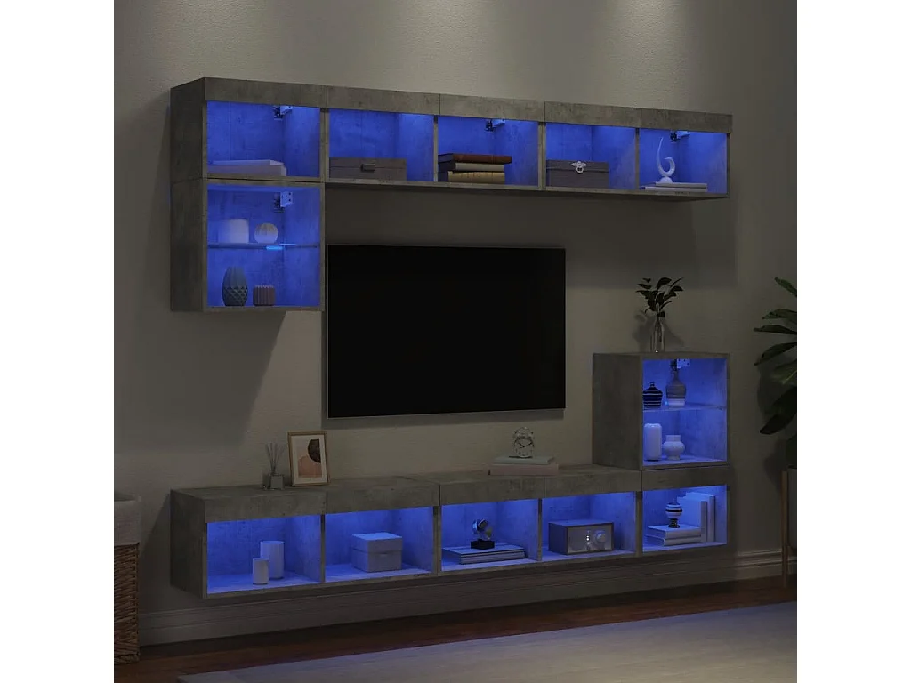 Unités murales TV avec LED 8 pcs gris béton bois d'ingénierie