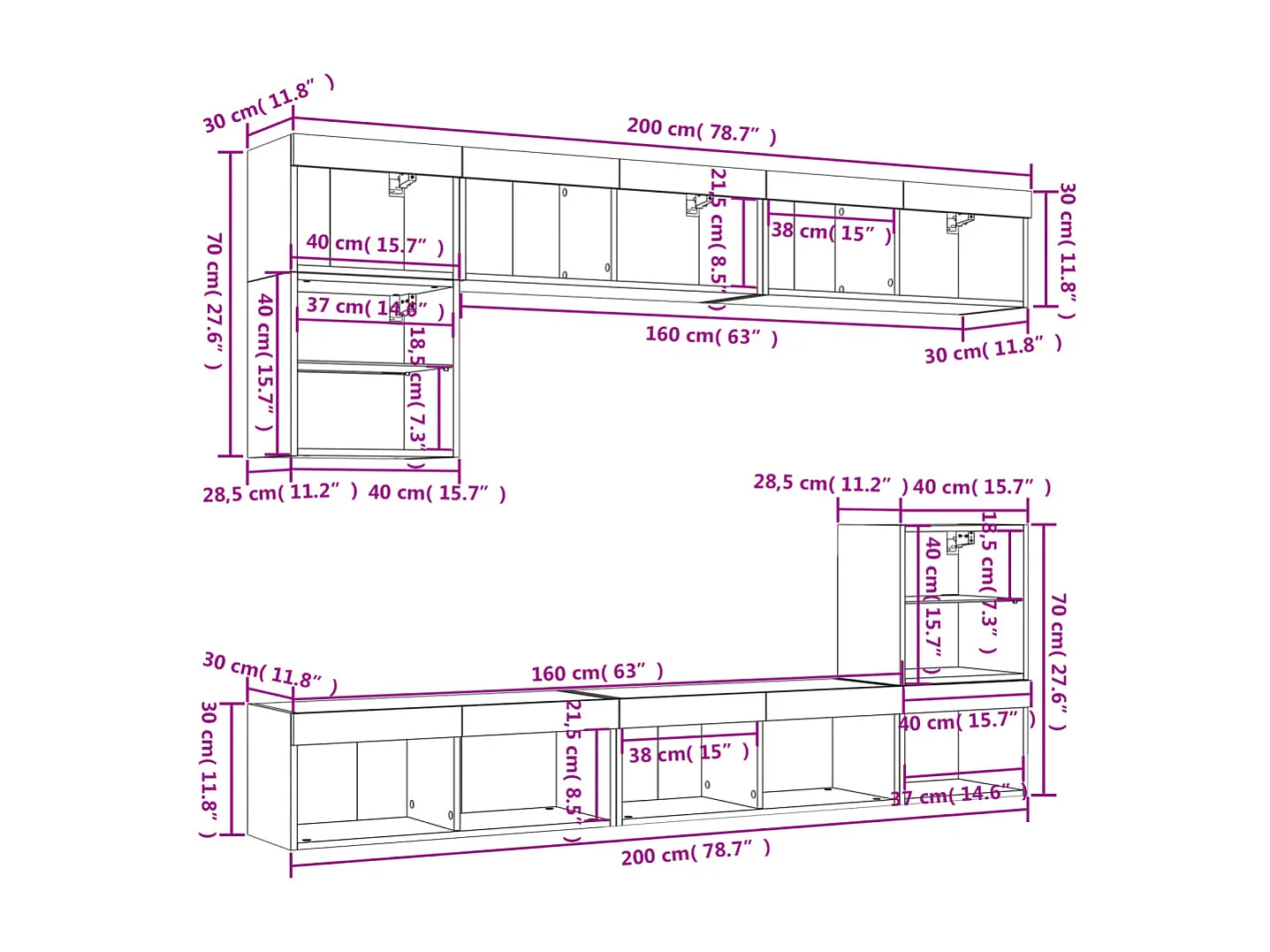 Unités murales TV avec LED 8 pcs gris béton bois d'ingénierie