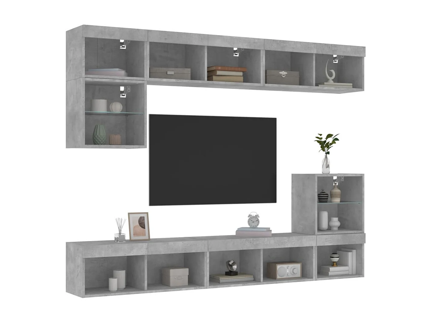 Unités murales TV avec LED 8 pcs gris béton bois d'ingénierie