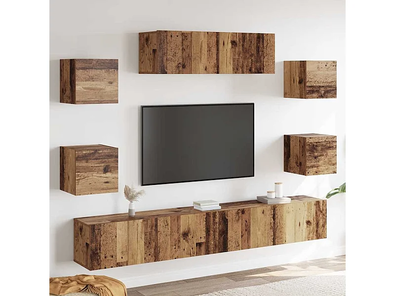 Conjunto de mueble de TV 7 piezas montado la pared madera vieja