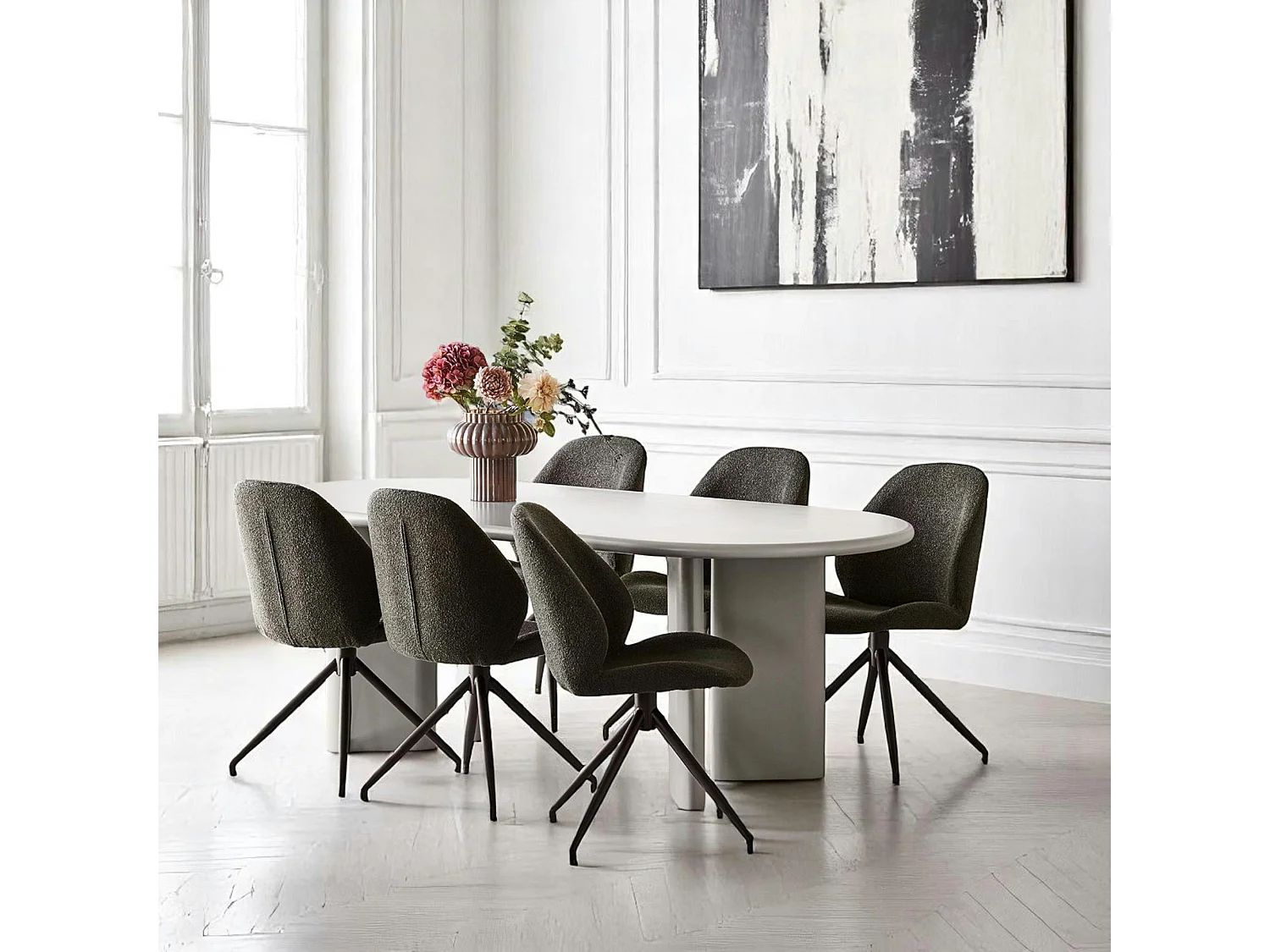 Table à manger ovale sable 220 cm - design minimaliste, pieds obliques ALBERTA