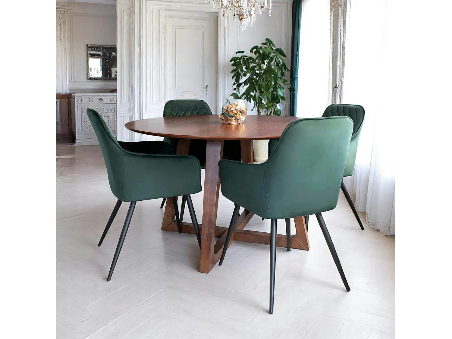 Table à manger ronde vintage Ø137 cm - pieds croisés, finition noyer LILLEHAMMER