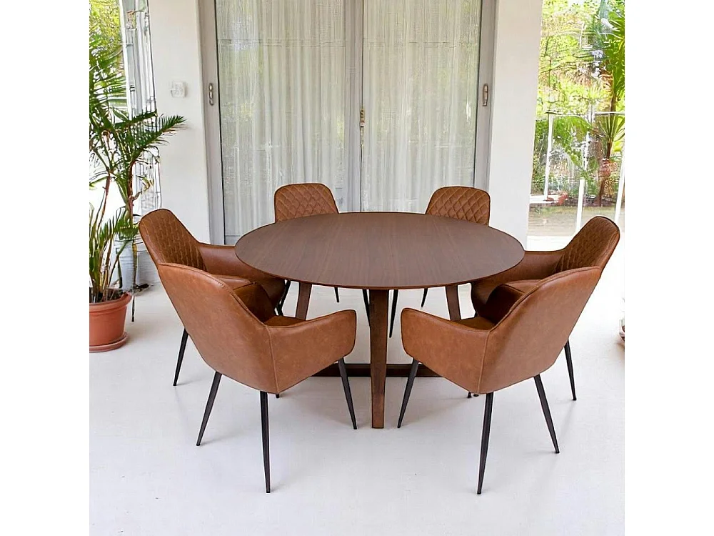 Table à manger ronde vintage Ø137 cm - pieds croisés, finition noyer LILLEHAMMER