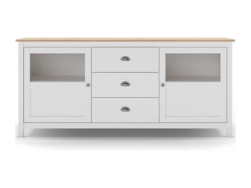 Buffet 2 portes 3 tiroirs en bois massif blanc 180 cm - Macha