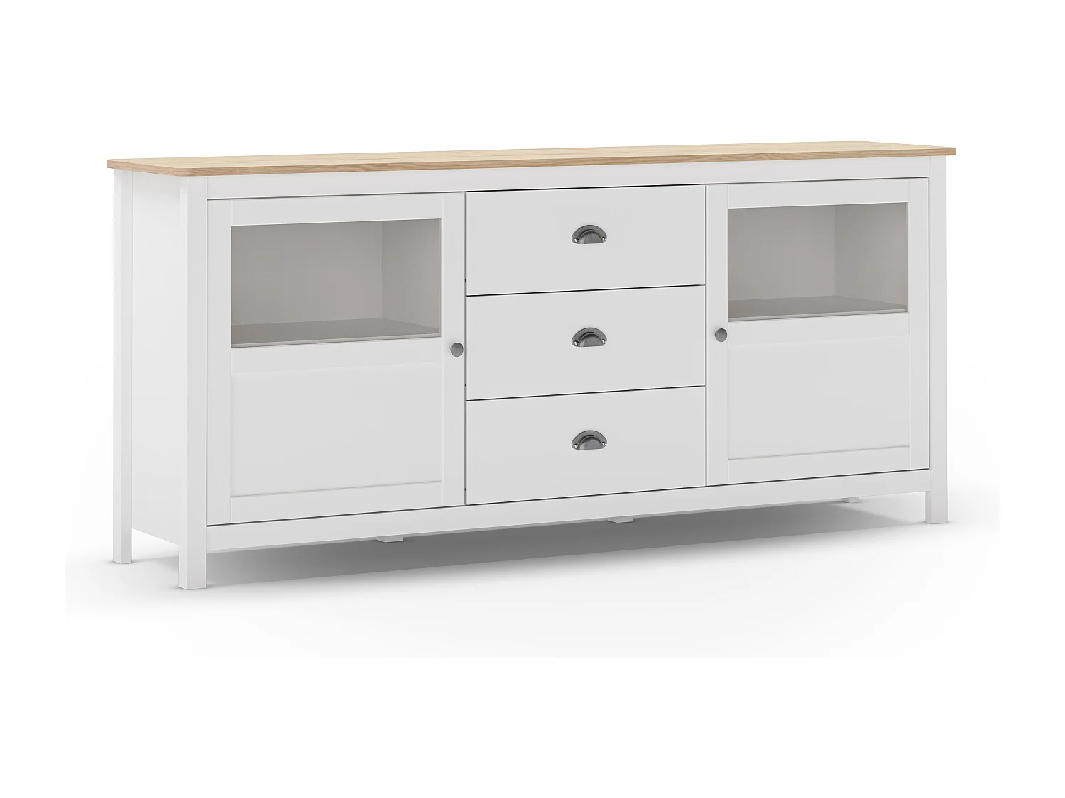 Buffet 2 portes 3 tiroirs en bois massif blanc 180 cm - Macha