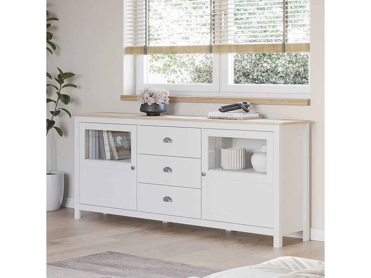 Buffet 2 portes 3 tiroirs en bois massif blanc 180 cm - Macha