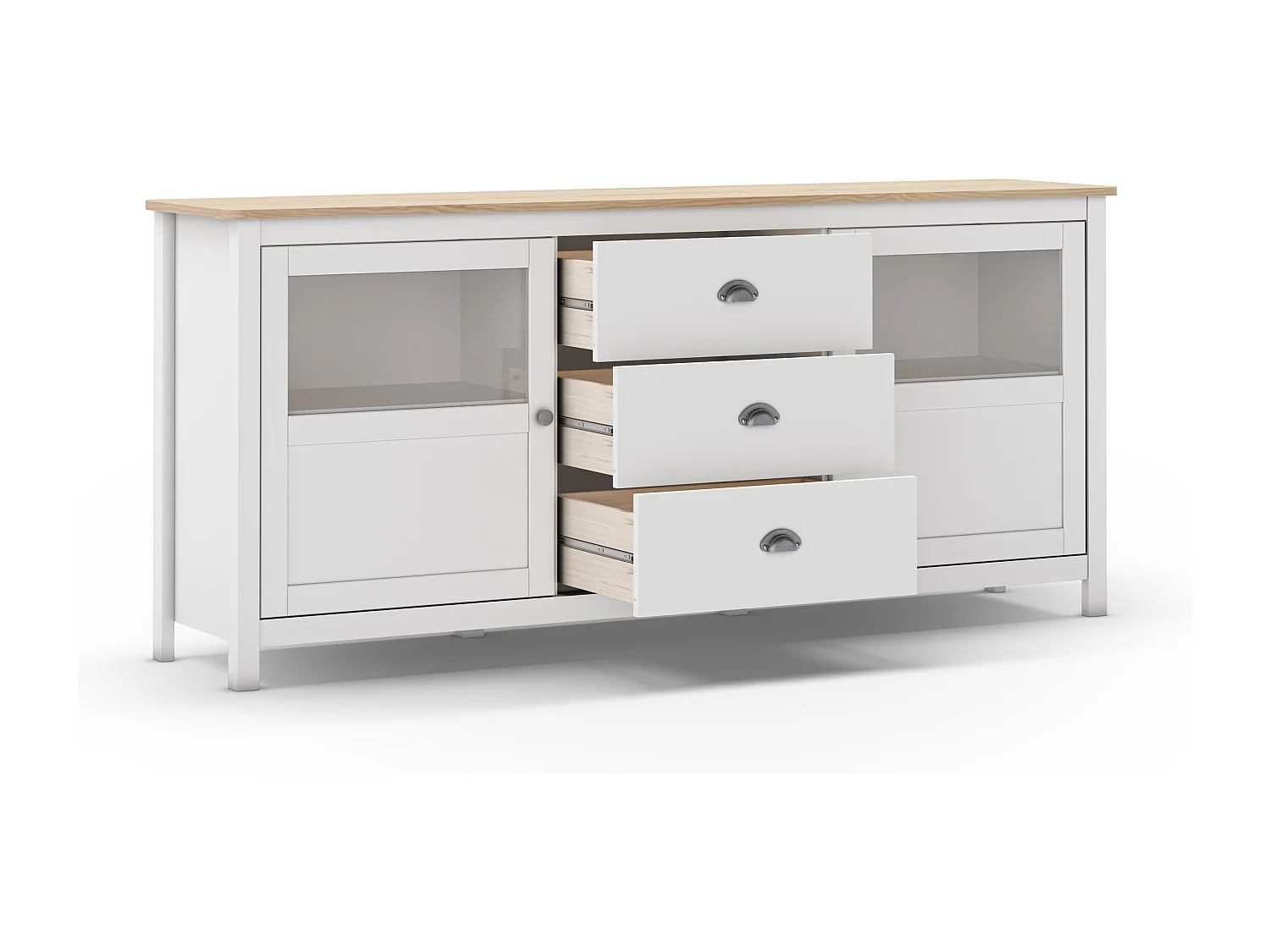 Buffet 2 portes 3 tiroirs en bois massif blanc 180 cm - Macha