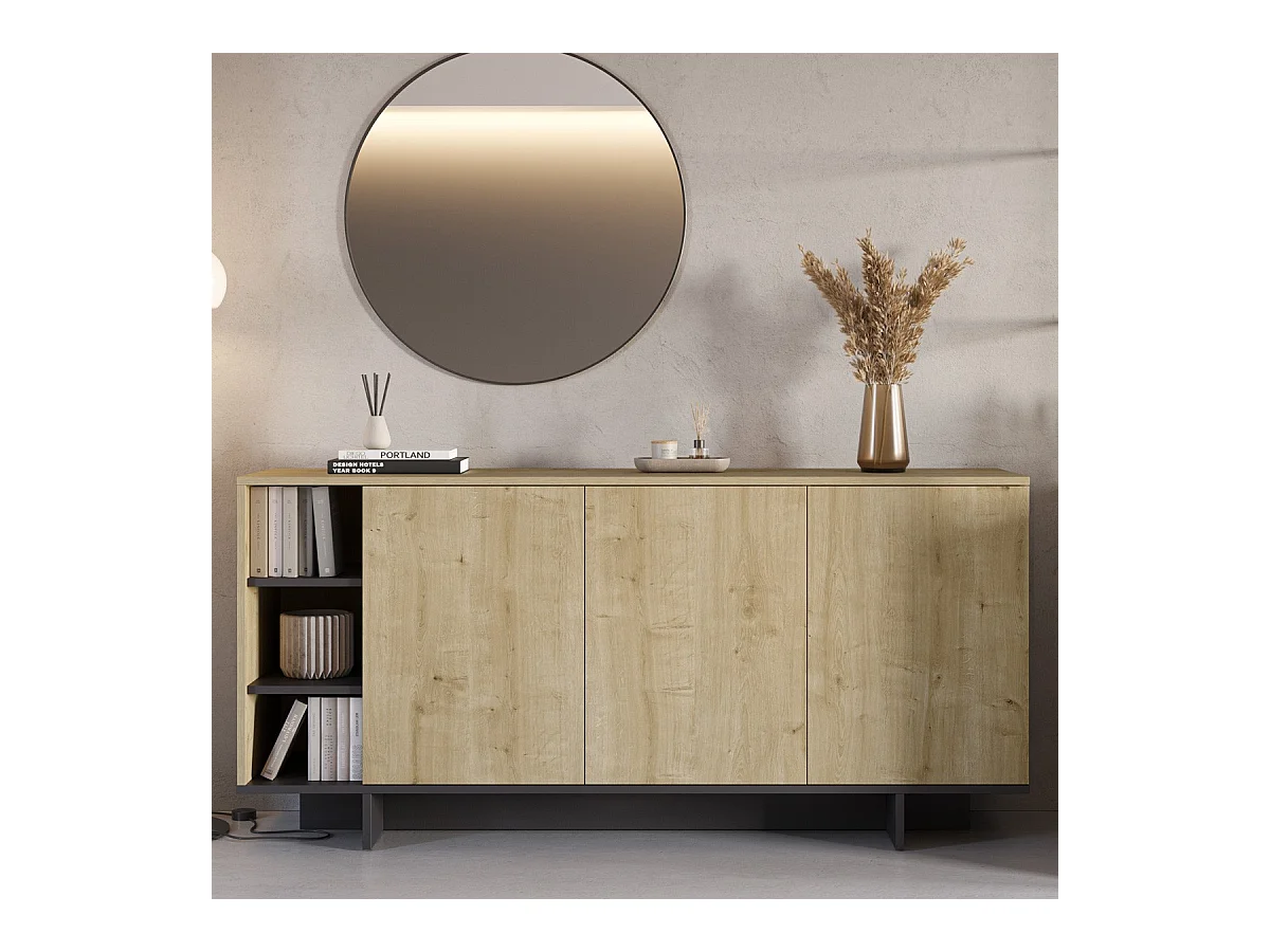 Buffet 3 portes décor chêne et noir 170 cm - Alicia