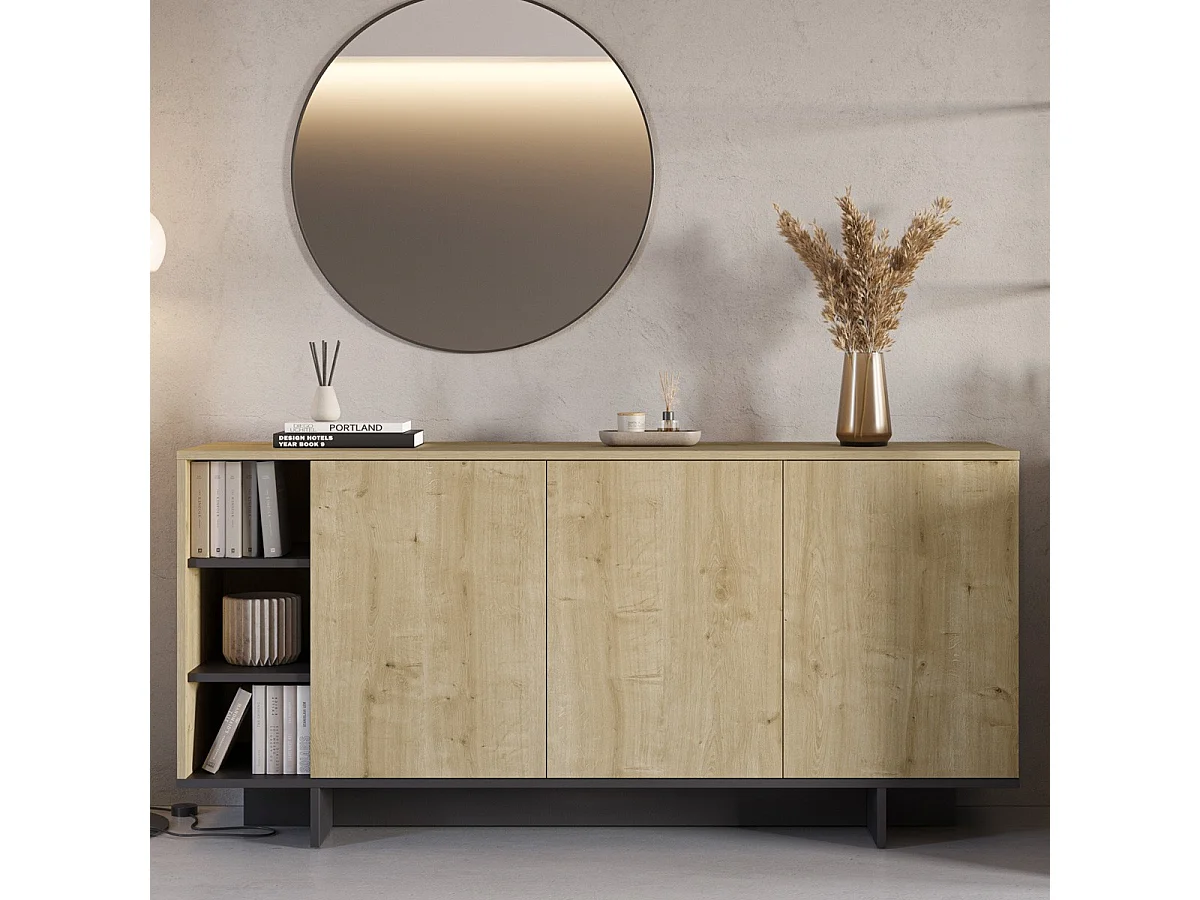 Buffet 3 portes décor chêne et noir 170 cm - Alicia