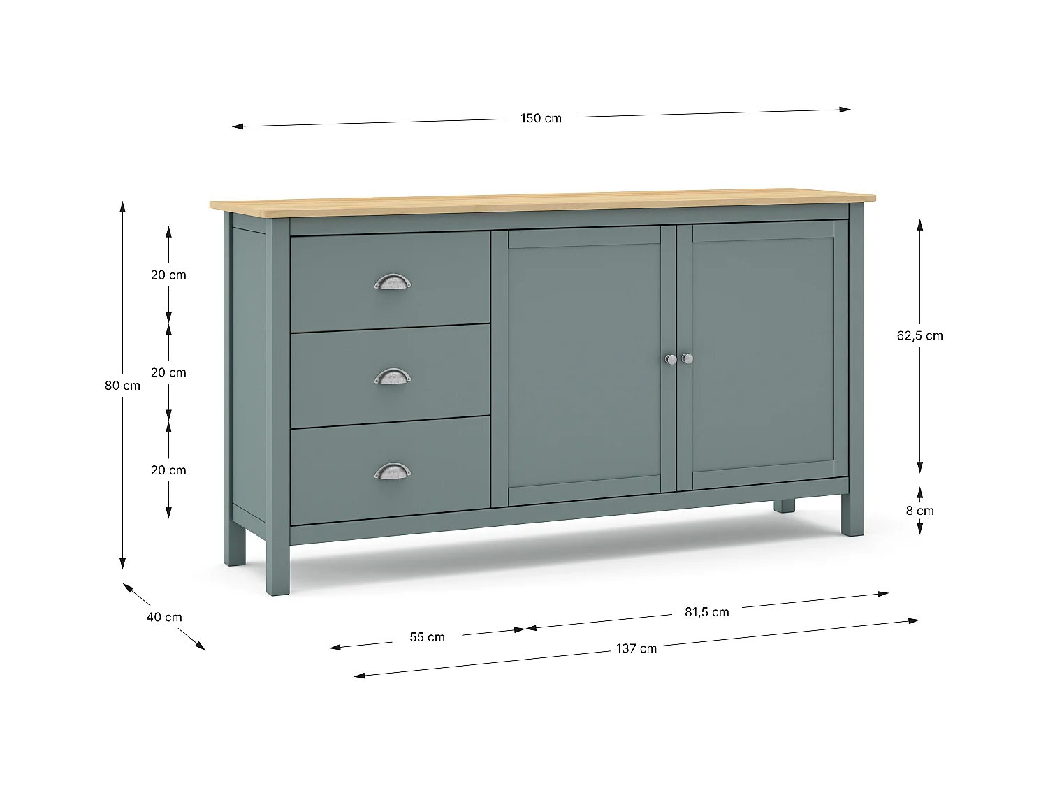 Buffet 2 portes 3 tiroirs en bois massif vert kaki 150 cm- Macha