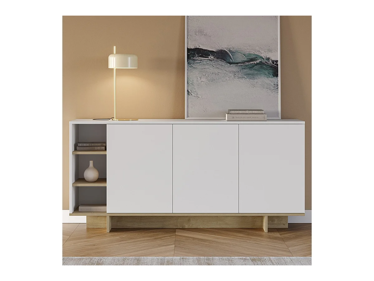 Buffet 3 portes blanc et décor chêne 170 cm - Alicia