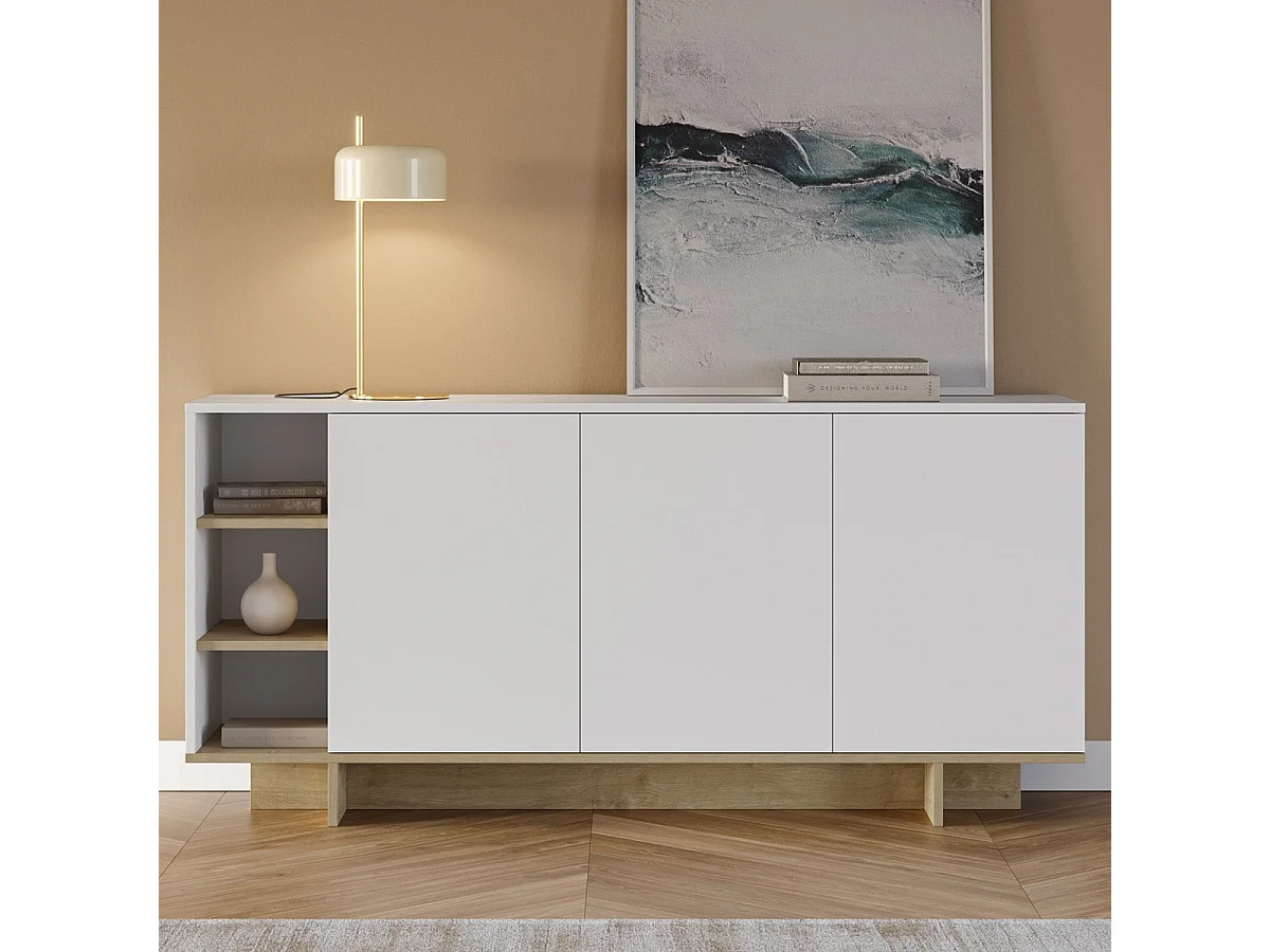 Buffet 3 portes blanc et décor chêne 170 cm - Alicia