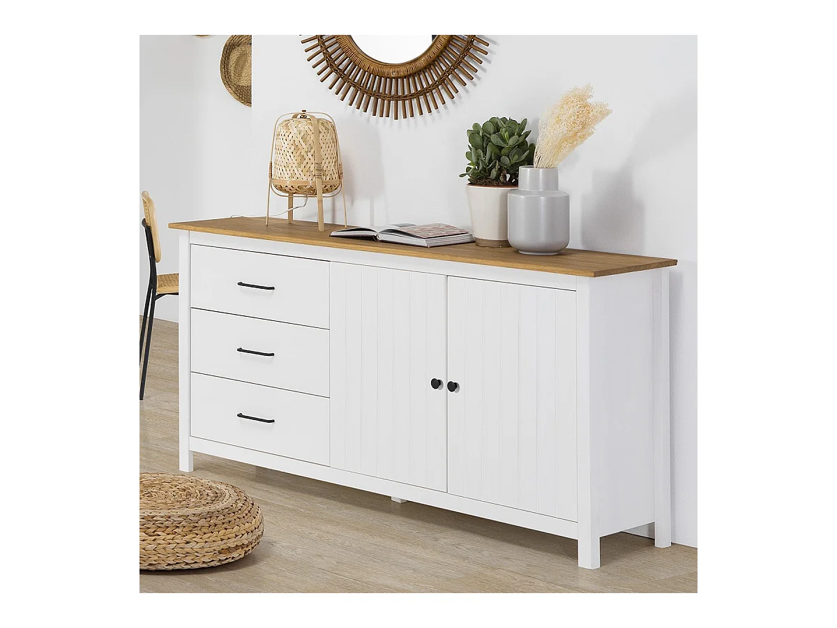 Buffet 2 portes 3 tiroirs en bois massif blanc 150 cm - Ida