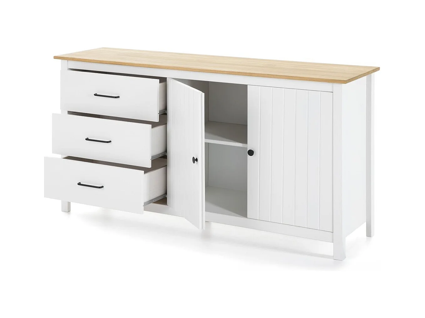 Buffet 2 portes 3 tiroirs en bois massif blanc 150 cm - Ida
