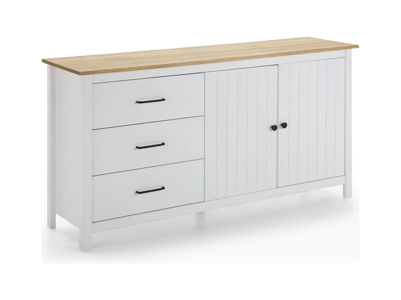 Buffet 2 portes 3 tiroirs en bois massif blanc 150 cm - Ida