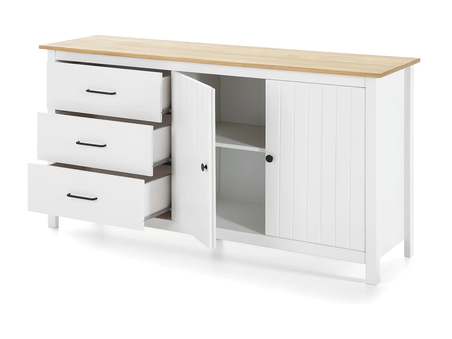 Buffet 2 portes 3 tiroirs en bois massif blanc 150 cm - Ida