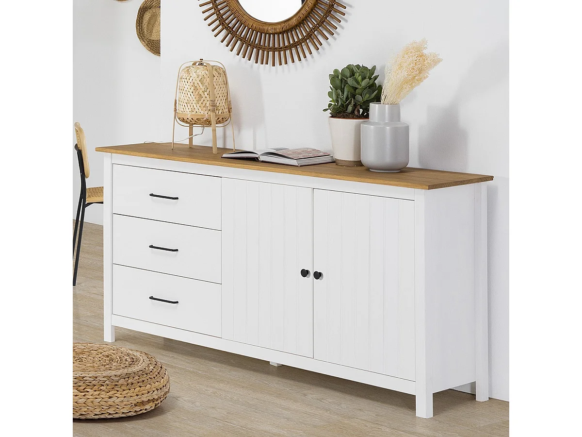 Buffet 2 portes 3 tiroirs en bois massif blanc 150 cm - Ida