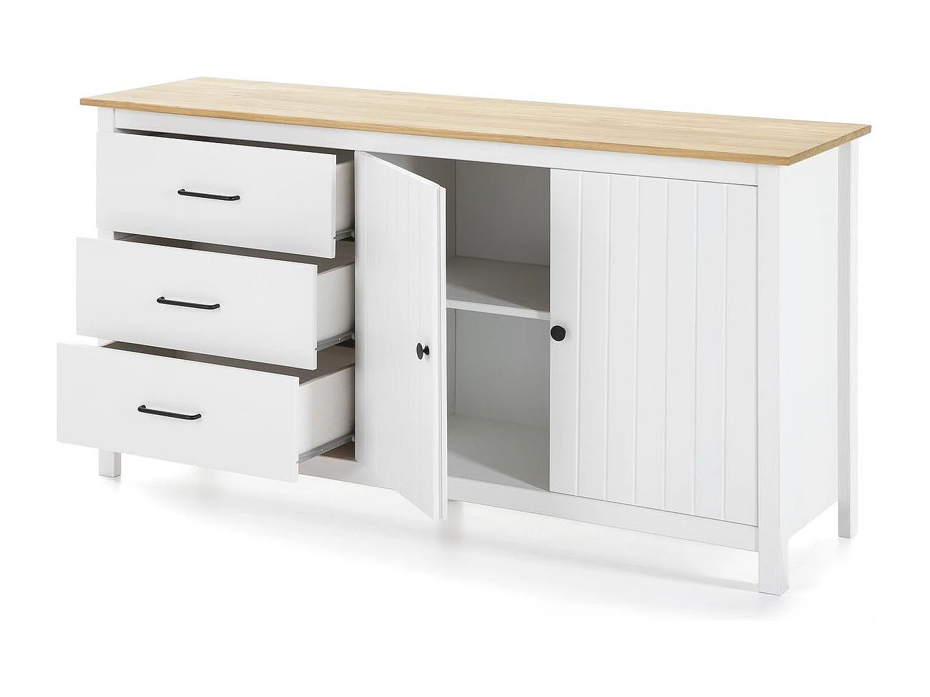 Buffet 2 portes 3 tiroirs en bois massif blanc 150 cm - Ida