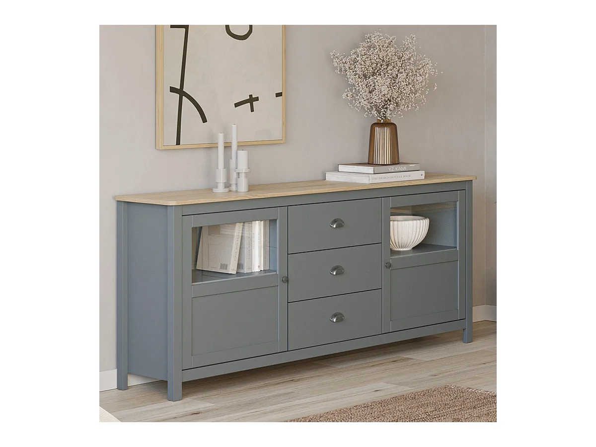 Buffet 2 portes 3 tiroirs en bois massif vert kaki 180 cm- Macha