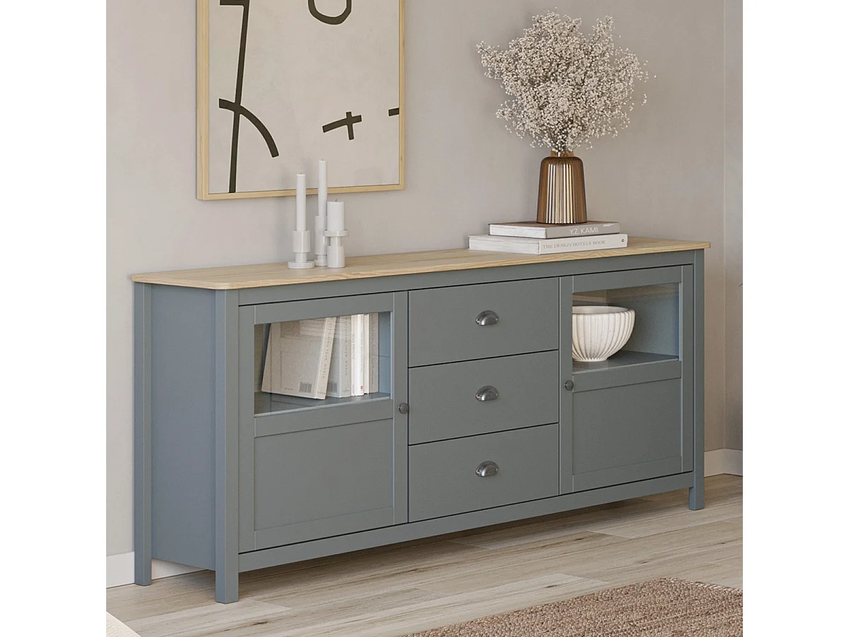 Buffet 2 portes 3 tiroirs en bois massif vert kaki 180 cm- Macha