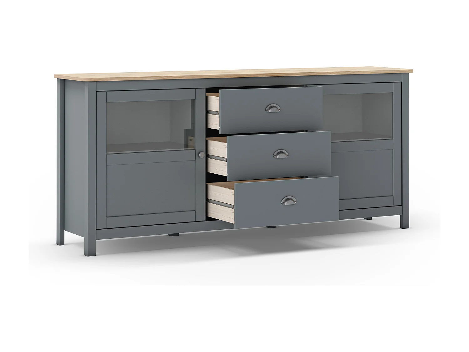 Buffet 2 portes 3 tiroirs en bois massif vert kaki 180 cm- Macha