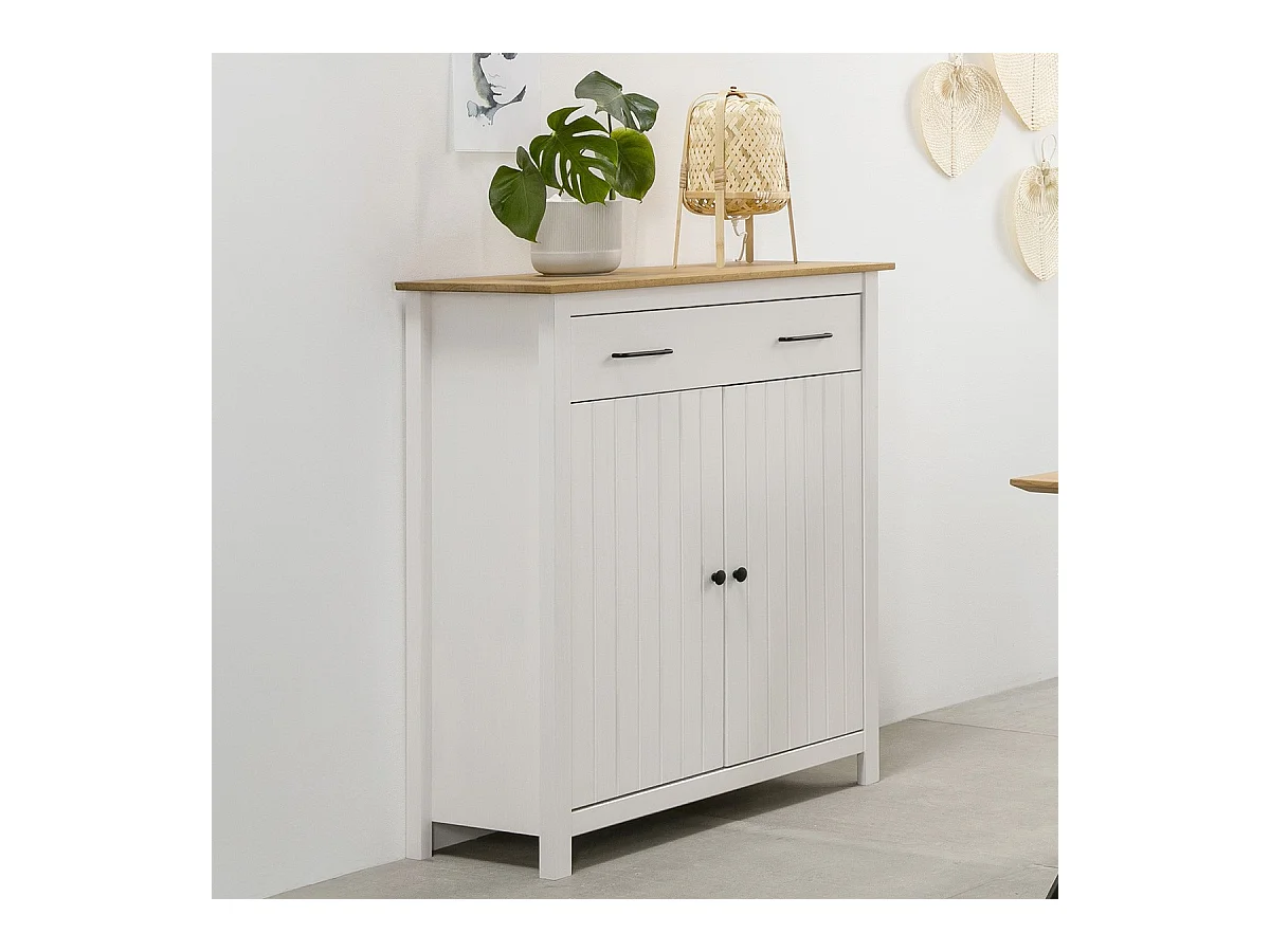 Buffet 2 portes 1 tiroir en bois massif blanc 90 cm - Ida