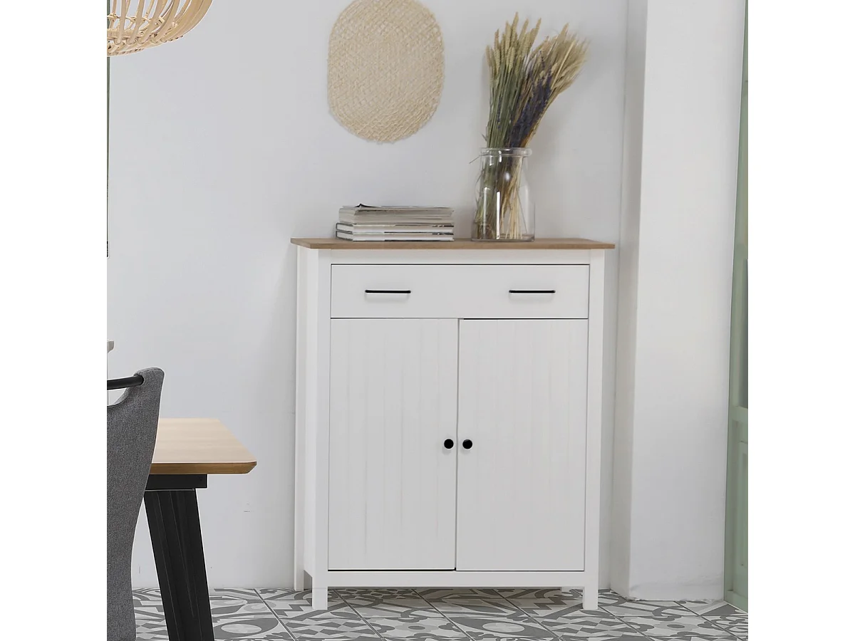 Buffet 2 portes 1 tiroir en bois massif blanc 90 cm - Ida