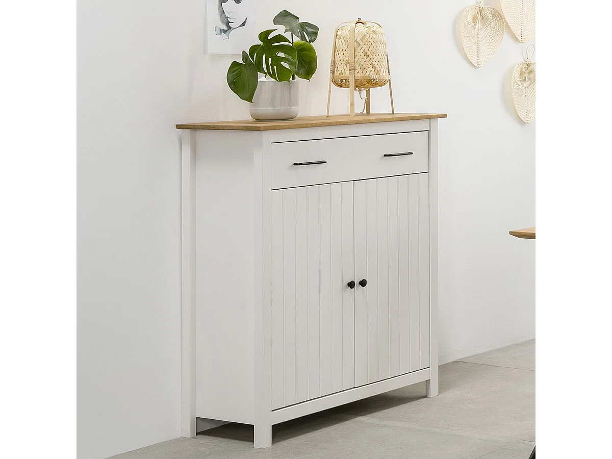 Buffet 2 portes 1 tiroir en bois massif blanc 90 cm - Ida