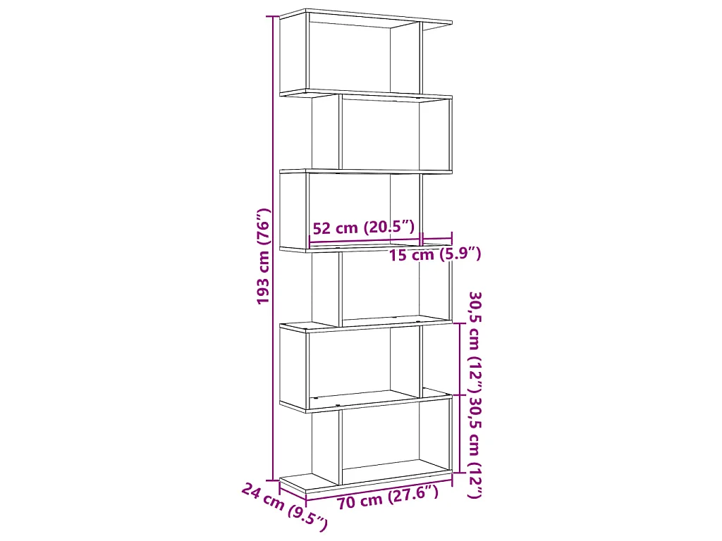 Librería divisora 6 niveles madera roble artisan 70x24x193 cm