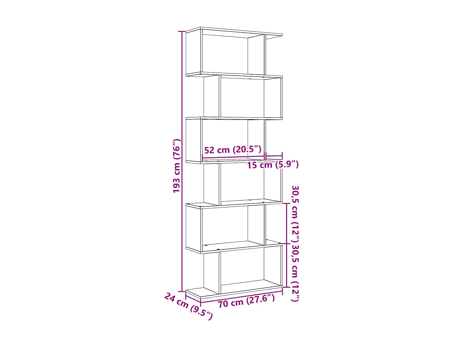 Étagère séparatrice de pièce à 6 niveaux vieux bois 70x24x193cm