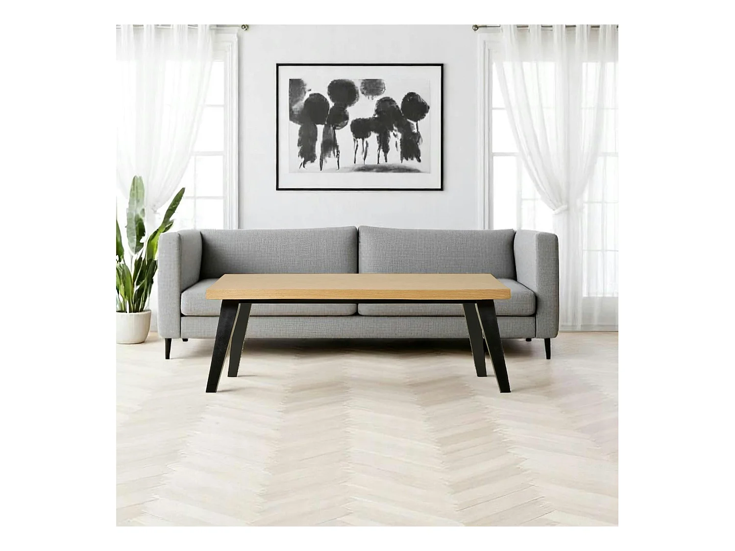 Table basse bois rectangulaire - placage chêne chevrons, pieds noirs GRAZ
